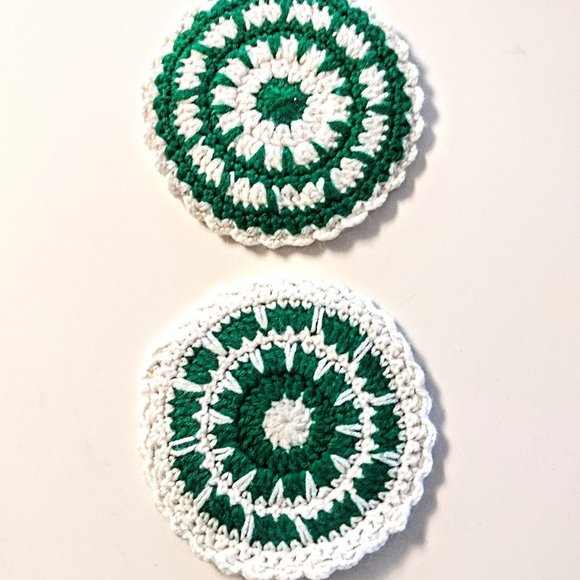 VTG Set of 2 Crochet Pot Holder- Trivet 7” Green & White ~ Double Thickness EVC! - Picture 5 of 5